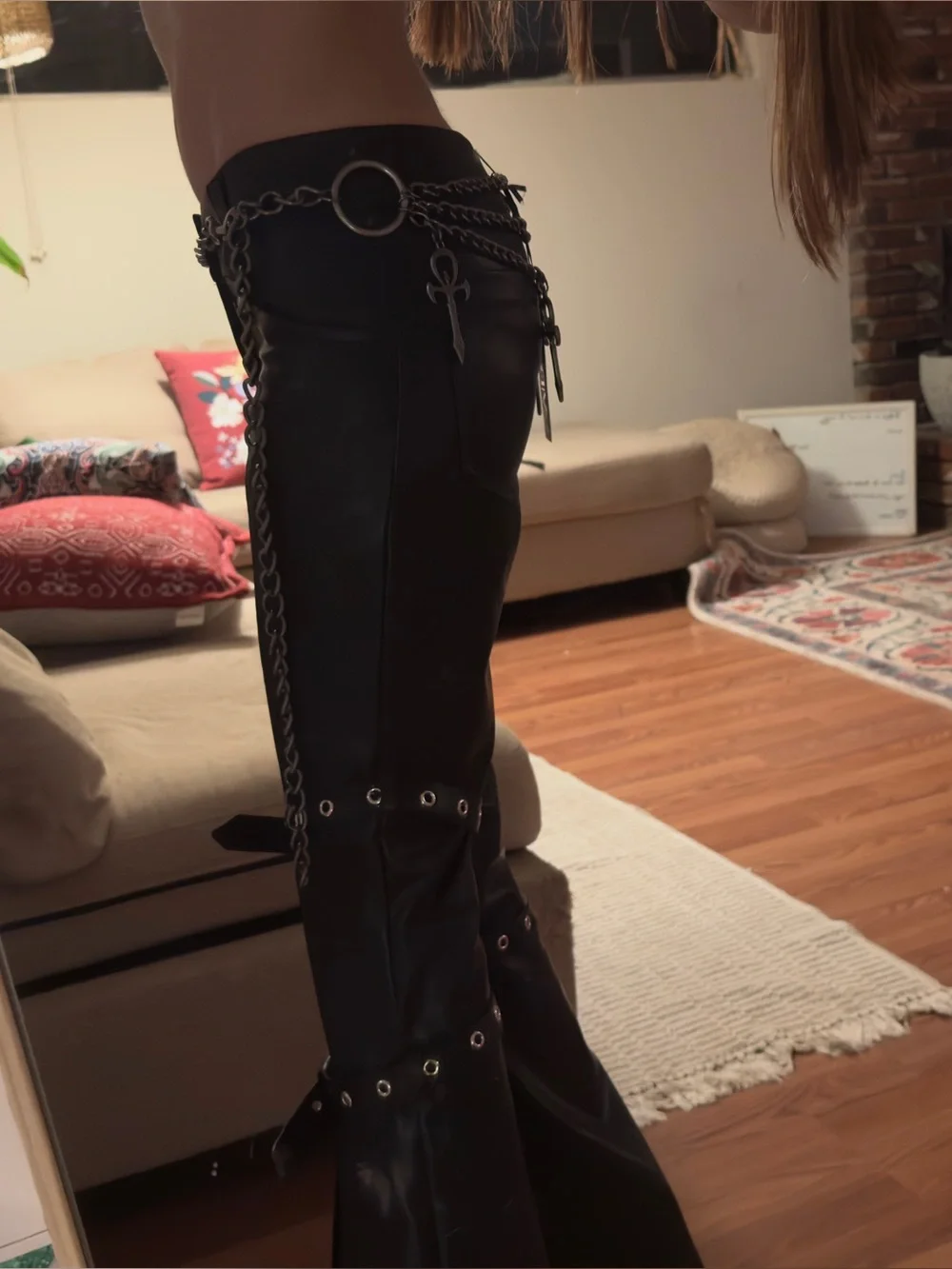 Dolls kill Darker Wavs Black Layered Chain Waist Belt with Cross Charms